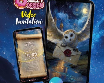 Animated Wizard Birthday Video Invitation, Editable Canva Text Invite for Kids