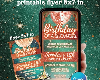 Birthday of a showgirl Video Invitation, printable flyer 5x7 in Editable Canva Template.