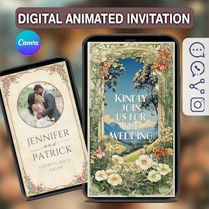 Hochzeitsvideoeinladung Blume Art Deco, Video Wildblumen einladen, Hochzeit einladen Vorlage mit Foto Digitale Einladung bearbeitet in Canva