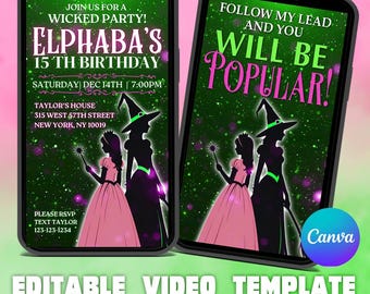 Wicked Birthday Video Invitation: Elphaba & Glinda Theme (Canva Template)