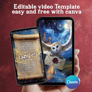 Invitation vidéo animée d'anniversaire de magicien, invitation modifiable de texte de toile pour des enfants