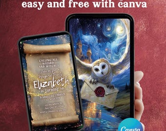 Invito di compleanno a tema mago animato con video, invito di testo modificabile su Canva per bambini