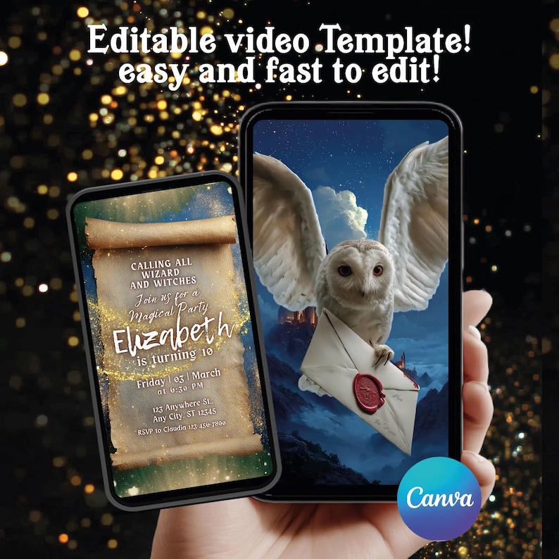 May include: Two smartphones displaying an editable video template for a party invitation. The screens show a scroll graphic with text reading "Calling all wizard and witches" and an owl carrying a white envelope with a red wax seal.
