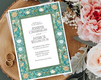 Editable Art Nouveau Wedding Invitation Set: Green Floral Theme (Digital Download) complete set