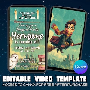 Magical Wizard Birthday Video Invitation: Editable Canva Template, broomstick wizard party