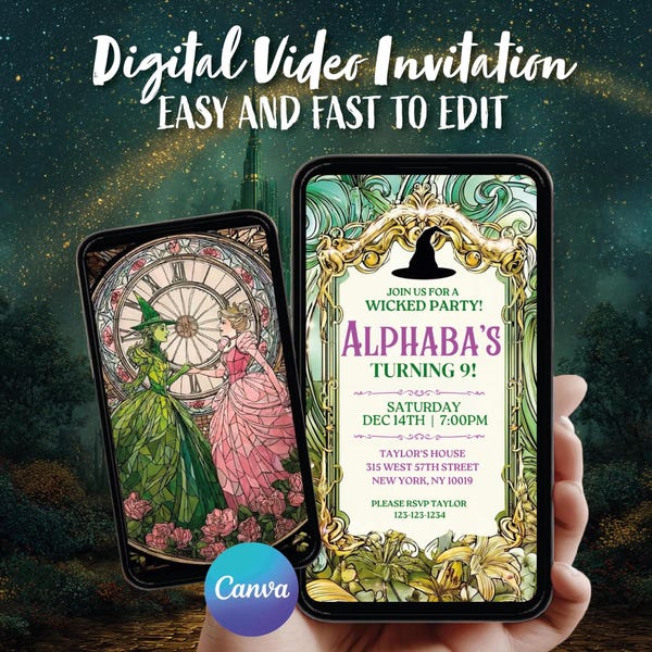 Invitación de video de cumpleaños de bruja: Tema de vidrio rosa y verde (Plantilla de Canva)
