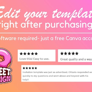 May include: A digital graphic with a pink and orange gradient background featuring the text Edit your template right after purchasing and no software required- just a free Canva account. Includes a pink donut logo labeled SWEET DESIGN and three five-star reviews.