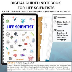 Może przedstawiać: Cyfrowy notatnik dla naukowców zajmujących się życiem, przeznaczony do użytku na iPadzie i tablecie. Okładka zawiera napis "LIFE SCIENTIST" z ilustracjami naukowymi. Zawiera przewodnik, cyfrowy notatnik z 88 stronami i wskazówki dotyczące badań.