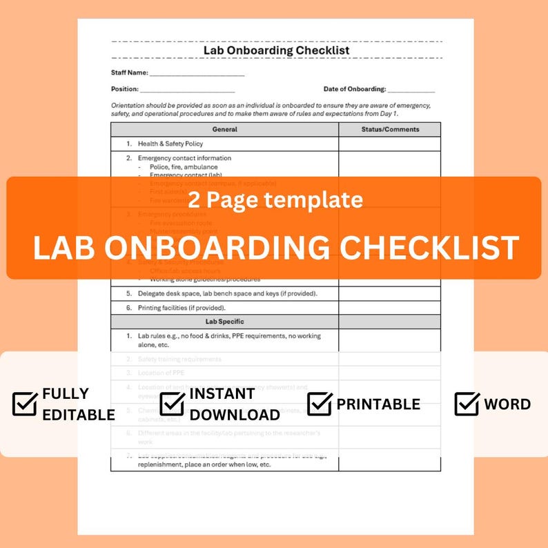 Lab Onboarding Checklist / Entry Checklist / Researcher Scientist ...