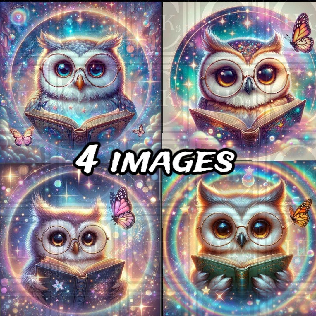 Owl reading - 4 images - Set 1 - AI Art digital PNG file only - tumbler wrap, wind spinner, coaster,