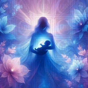 Puede incluir: Una pintura digital de una mujer sosteniendo un bebé en sus brazos. La mujer y el bebé brillan con una suave luz azul. El fondo es un desenfoque de flores rosas y azules.