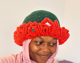 Handgemaakte gehaakte hoed met ruches, zonnehoed met ruches, boho gehaakte emmerhoed, modeaccessoires, bohocadeaus, handgemaakte mode, cadeau voor haar