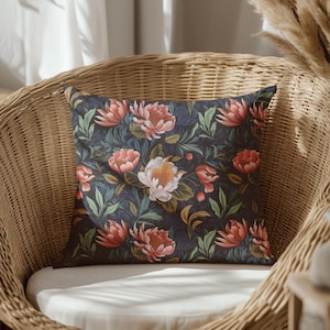 Floral black Vintage Botanical Boho Pillow, dark seagreen Pillow, black Floral Pillow, Spring Cottage Pillow