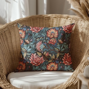 Floral dark khaki Vintage Botanical Boho Pillow, dark slate gray Pillow, dark khaki Floral Pillow, Spring Cottage Pillow