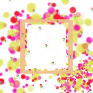 Puede incluir: Arte digital abstracto con un marco cuadrado marrón claro sobre un fondo blanco. El fondo presenta un patrón de círculos borrosos coloridos en tonos amarillos, rosas y rojos. Pequeños logotipos florales están dispersos.