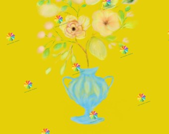 Bouquet in Blue Vase on Yellow Background