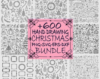 600+ Hand Drawn Whimsical Christmas SVG Clipart Bundle of Illustrations,Icons for Christmas Invitations and Template,Doodles Characters Menu