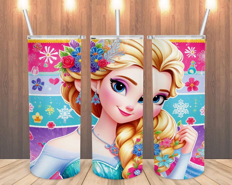 May include: Three colourful insulated tumblers featuring a cartoon illustration of a princess with blonde hair and blue eyes. The tumblers have a floral and snowflake design with a straw.