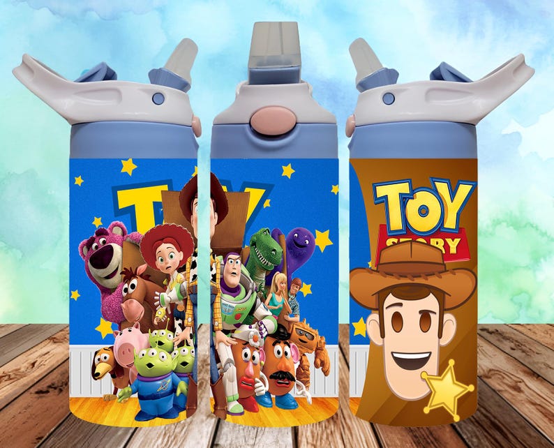 May include: Three blue water bottles with white lids and a Toy Story theme. The bottles feature different characters from the movie, including Woody, Buzz Lightyear, and Jessie. The text "Toy Story" is printed on one of the bottles.