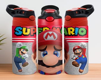 Mario 12 Oz Tumbler Wrap PNG, Sippy Cup 12 Oz PNG, Flip-top Cup 12 Oz PNG, Cartoon Characters Kids Cup Png Sublimation Digital Download