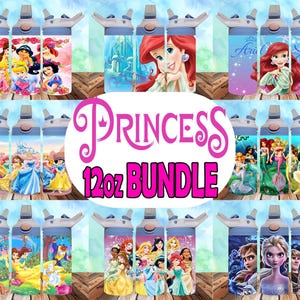 May include: Set of nine 12-ounce water bottles with various princess character designs. The bottles are blue and white with a screw-on lid.  "Princess 12oz Bundle" is written in pink letters on a white background.