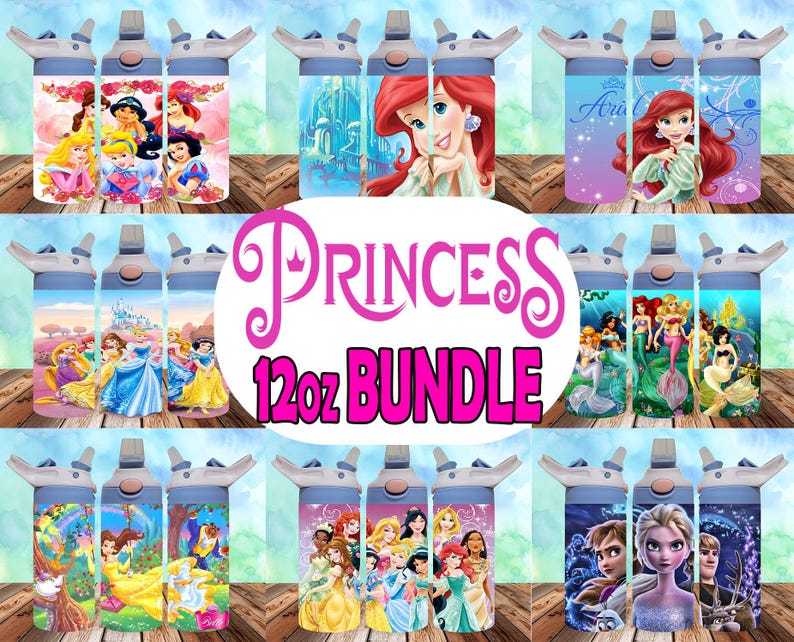 May include: Set of nine 12-ounce water bottles with various princess character designs. The bottles are blue and white with a screw-on lid.  "Princess 12oz Bundle" is written in pink letters on a white background.
