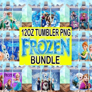 May include: A set of 10 Frozen-themed sublimation designs for 12oz tumblers. The designs feature various characters from the movie, including Elsa, Anna, Olaf, and Kristoff. The designs are in a variety of colors, including blue, purple, pink, and green.