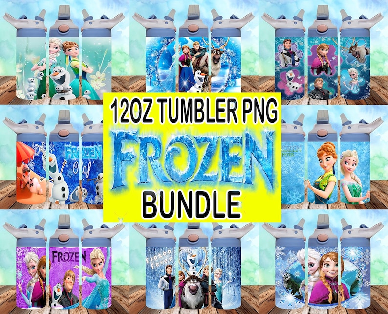 May include: A set of 10 Frozen-themed sublimation designs for 12oz tumblers. The designs feature various characters from the movie, including Elsa, Anna, Olaf, and Kristoff. The designs are in a variety of colors, including blue, purple, pink, and green.