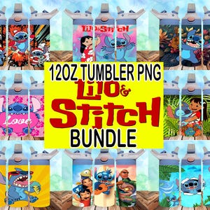 May include: A set of 12oz tumbler PNG designs featuring Lilo & Stitch characters. The designs include Lilo, Stitch, Scrump, and other characters from the Disney movie. The designs are perfect for creating custom tumblers for yourself or as gifts.