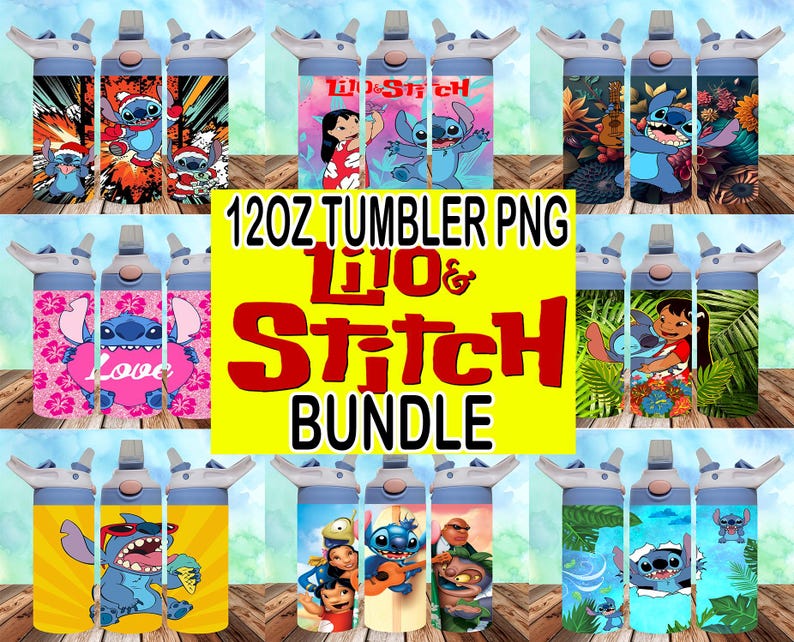 May include: A set of 12oz tumbler PNG designs featuring Lilo & Stitch characters. The designs include Lilo, Stitch, Scrump, and other characters from the Disney movie. The designs are perfect for creating custom tumblers for yourself or as gifts.