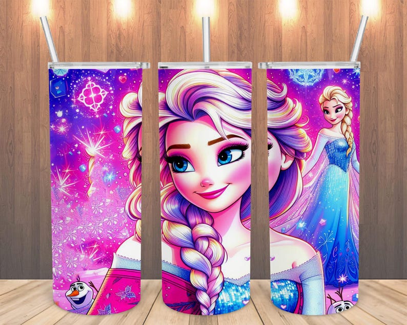 May include: Three stainless steel tumblers with a vibrant design featuring the character Elsa from the movie Frozen. The tumblers have a pink, purple, and blue color scheme with a straw and a lid. The design includes snowflakes and the character Olaf.