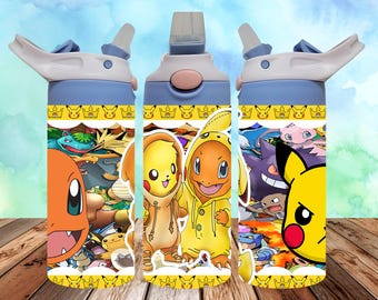 Pokemon 12oz Kids Flip Top Sippy Cup Tumbler Wrap, 12oz Straight Tumbler Sublimation PNG, Childrens Doggie Tumbler Wrap For Kid, pokemon png