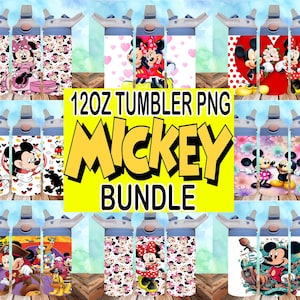 May include: A set of 12oz tumbler PNG designs featuring Mickey Mouse and Minnie Mouse in various poses and patterns. The designs include floral, polka dot, and heart patterns. The text "120Z TUMBLER PNG MICKEY BUNDLE" is displayed in yellow letters on a white background.