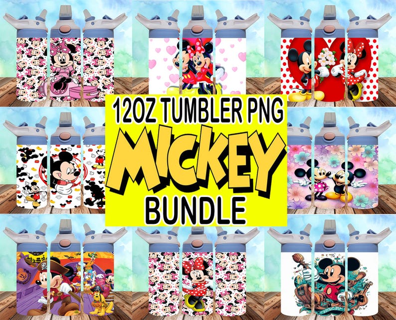 May include: A set of 12oz tumbler PNG designs featuring Mickey Mouse and Minnie Mouse in various poses and patterns. The designs include floral, polka dot, and heart patterns. The text "120Z TUMBLER PNG MICKEY BUNDLE" is displayed in yellow letters on a white background.