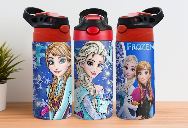 May include: Three stainless steel water bottles featuring characters from the movie "Frozen." Each bottle has a red lid with a black handle. The bottles have a blue background with snowflakes and images of Elsa, Anna, and Olaf.