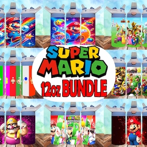 May include: A set of nine 12-ounce water bottles with different Super Mario Bros. designs. The bottles are white with blue lids and feature characters like Mario, Luigi, Peach, Toad, and Bowser.
