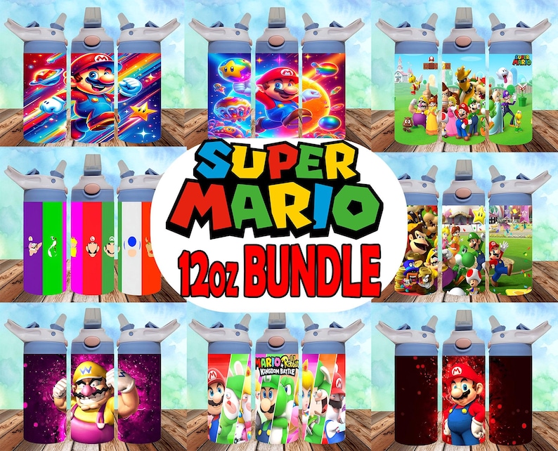 May include: A set of nine 12-ounce water bottles with different Super Mario Bros. designs. The bottles are white with blue lids and feature characters like Mario, Luigi, Peach, Toad, and Bowser.