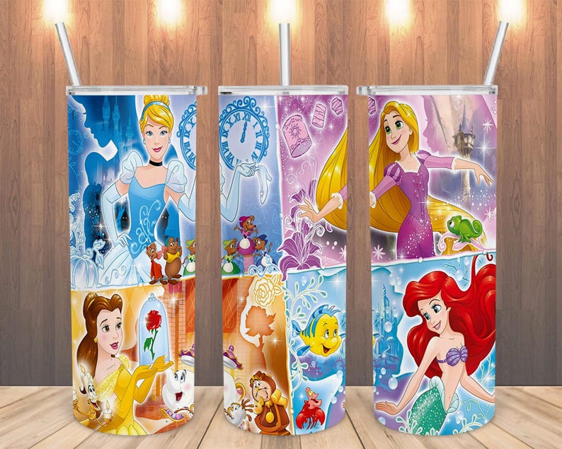 May include: Three stainless steel tumblers with white straws. Each tumbler features a different Disney princess design. The first shows Cinderella, the second shows Rapunzel, and the third shows Ariel. The tumblers have a colorful, cartoon-like design.