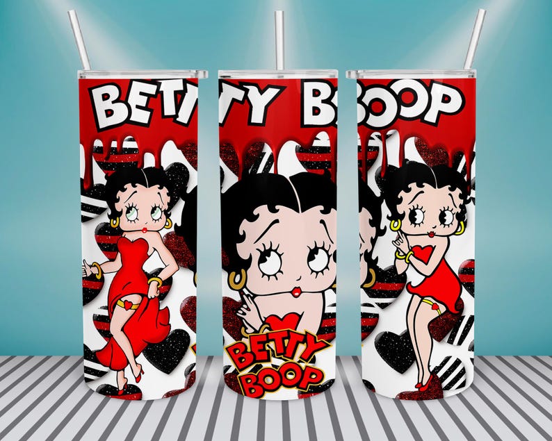 May include: Three stainless steel tumblers featuring Betty Boop illustrations. Each tumbler has a red and white design with the words "BETTY BOOP" at the top. The tumblers have a white straw and are decorated with hearts.