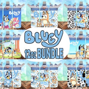 May include: A bundle of nine 12-ounce water bottles featuring Bluey and Bingo characters from the animated television show. The bottles are blue and white with various designs featuring the characters. The text "Bluey 12oz Bundle" is displayed in the center of the image.