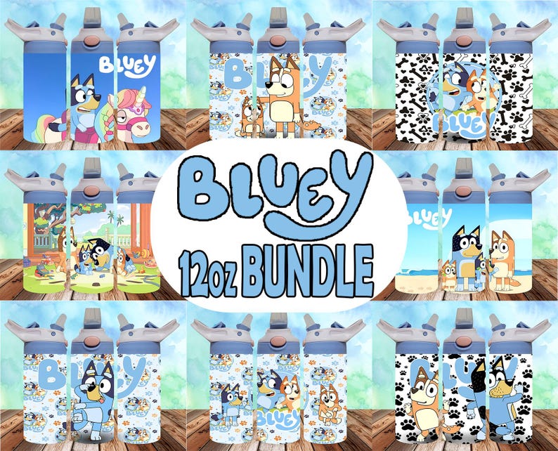 May include: A bundle of nine 12-ounce water bottles featuring Bluey and Bingo characters from the animated television show. The bottles are blue and white with various designs featuring the characters. The text "Bluey 12oz Bundle" is displayed in the center of the image.