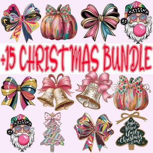 Peut inclure: Ensemble de graphiques sur le thème de Noël, comprenant des nœuds, des citrouilles, des cloches, un Père Noël avec un chewing-gum et un sapin de Noël. Le texte "+15 CHRISTMAS BUNDLE" est affiché en rouge. Les graphiques présentent une variété de couleurs et de motifs.