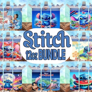 May include: A set of 12-ounce water bottles with various designs featuring the Disney character Stitch. The designs include Stitch with flowers, Stitch with a watermelon, Stitch with a heart, and Stitch with his friends. The bottles are all blue and white.