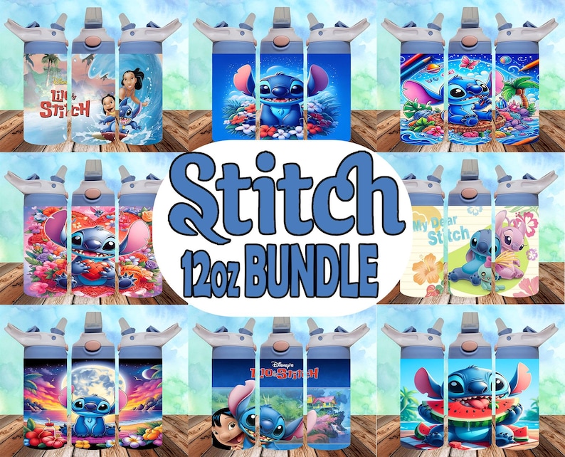 May include: A set of 12-ounce water bottles with various designs featuring the Disney character Stitch. The designs include Stitch with flowers, Stitch with a watermelon, Stitch with a heart, and Stitch with his friends. The bottles are all blue and white.