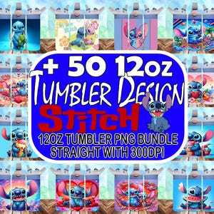 Pode incluir: Uma coleção de 50 designs de copos de 12 oz com Stitch de Lilo & Stitch. Os designs incluem várias cores, padrões e poses de Stitch. O texto "+ 50 12oz Tumbler Design Stitch 12oz Tumbler PNG Bundle Straight with 300dpi" é exibido na imagem.