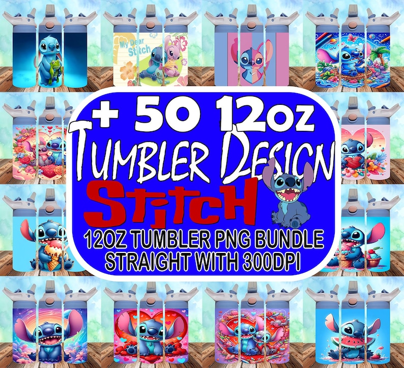 Może przedstawiać: Kolekcja 50 wzor&oacute;w kubk&oacute;w o pojemności 12 uncji z postacią Stitch z filmu Lilo & Stitch. Wzory obejmują r&oacute;żne kolory, wzory i pozy Stitch. Na obrazku widnieje tekst "+ 50 12oz Tumbler Design Stitch 12oz Tumbler PNG Bundle Straight with 300dpi".