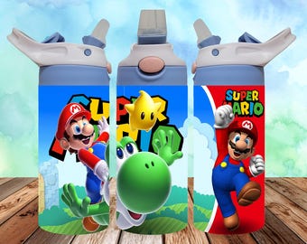 Mario 12 Oz Tumbler Wrap PNG, Sippy Cup 12 Oz PNG, Flip-top Cup 12 Oz PNG, Cartoon Characters Kids Cup Png Sublimation Digital Download
