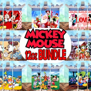 May include: A set of 12-ounce water bottles with various Mickey Mouse designs. The designs include Mickey Mouse and Minnie Mouse, Mickey Mouse and Pluto, Mickey Mouse and Donald Duck, Mickey Mouse and Goofy, Mickey Mouse and Minnie Mouse with hearts, Mickey Mouse and Minnie Mouse with Christmas designs, Mickey Mouse and Minnie Mouse with a love theme, and Mickey Mouse and Minnie Mouse with a winter theme.
