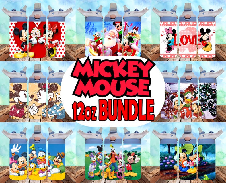May include: A set of 12-ounce water bottles with various Mickey Mouse designs. The designs include Mickey Mouse and Minnie Mouse, Mickey Mouse and Pluto, Mickey Mouse and Donald Duck, Mickey Mouse and Goofy, Mickey Mouse and Minnie Mouse with hearts, Mickey Mouse and Minnie Mouse with Christmas designs, Mickey Mouse and Minnie Mouse with a love theme, and Mickey Mouse and Minnie Mouse with a winter theme.
