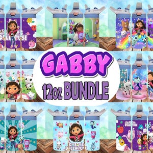 May include: A set of nine 12-ounce water bottles featuring Gabby's Dollhouse characters. The bottles are decorated with various scenes from the show, including Gabby, Pandy Paws, Cakey, and the Cat-Rat.
